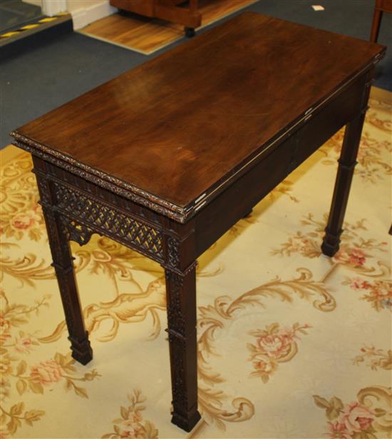 A Gothic Chippendale revival mahogany folding card table, W.3ft